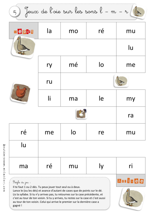 Jeux de l'oie de syllabes et de mots sur les sons l, m et  r